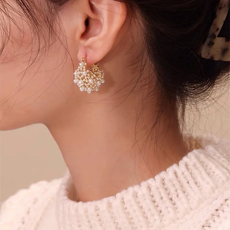 Gold copper women's flower basket earrings with small rice-shaped bead pearl inlay