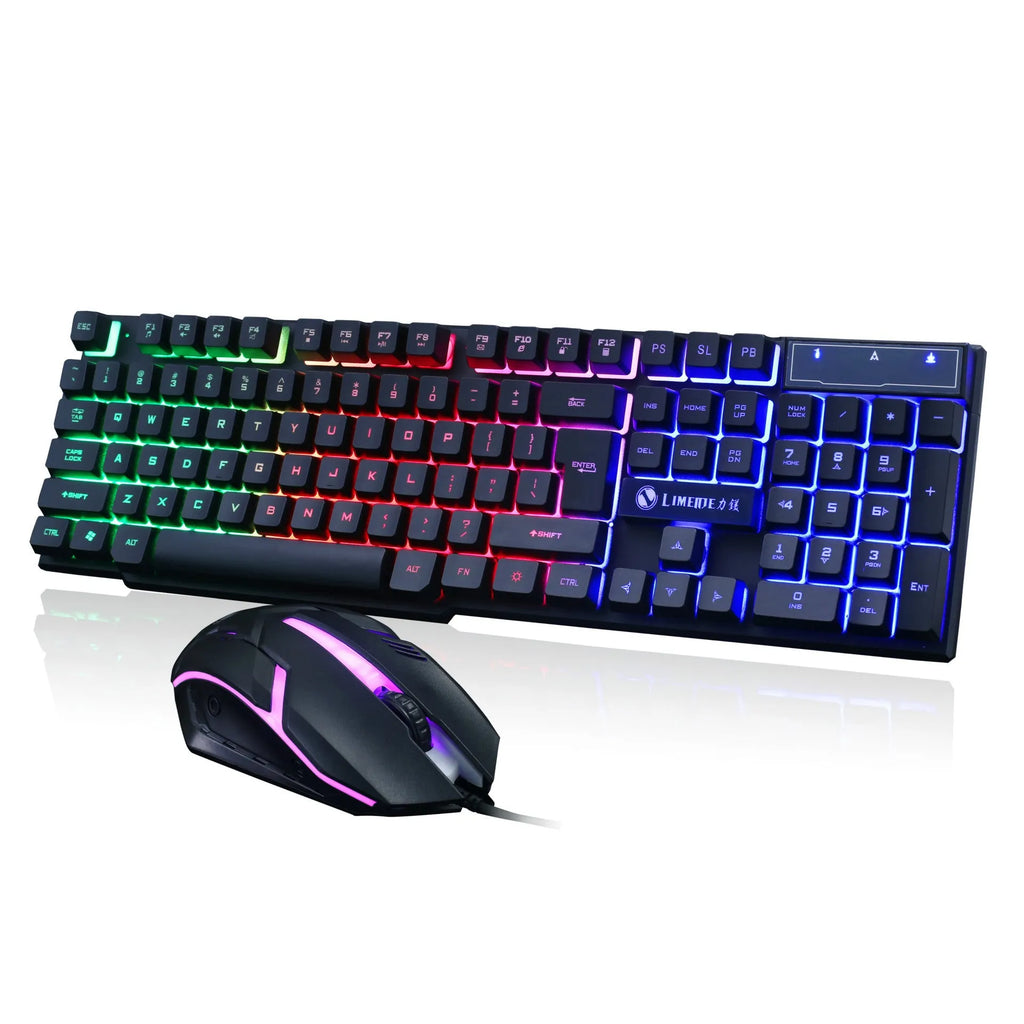 Limei GTX300 black gaming keyboard and mouse set with backlit keys on desktop