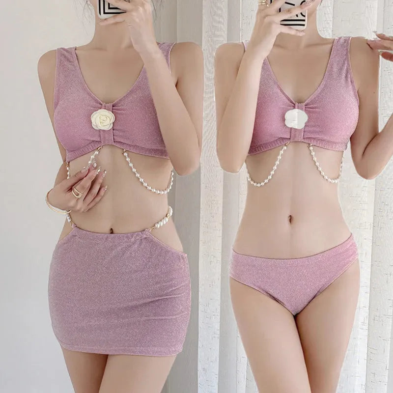 Women's pink or black three-piece polyester bikini swimsuit for swimming and hot springs