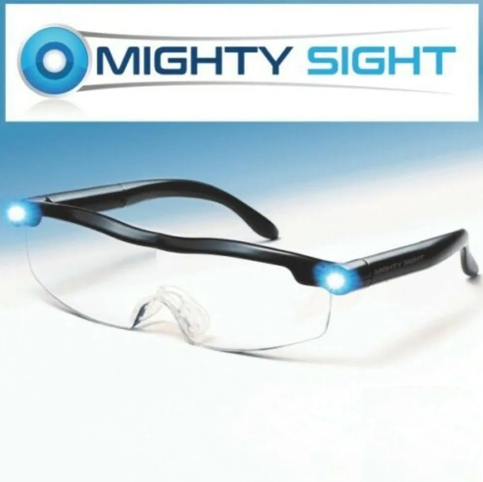 Transparent black USB LED light reading glasses on a desk