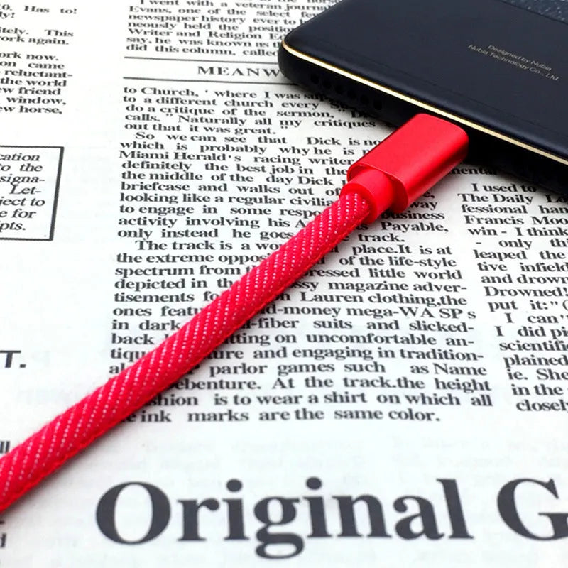 Denim braided USB Type-C cable with aluminium connectors in black, blue, or red, showing length options.