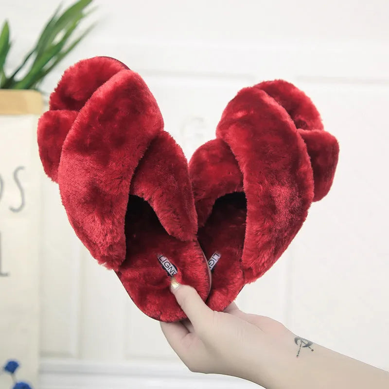 Women's cross open-toe fur slippers in multiple colours with patterned non-slip soles