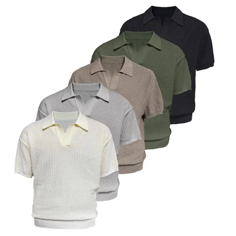 Men's creamy-white striped polo shirt with business collar on hanger