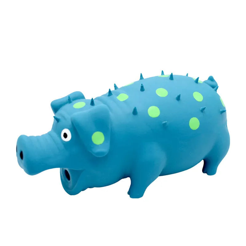 Blue latex pig-shaped dog chew toy with textured surface and squeaker inside.