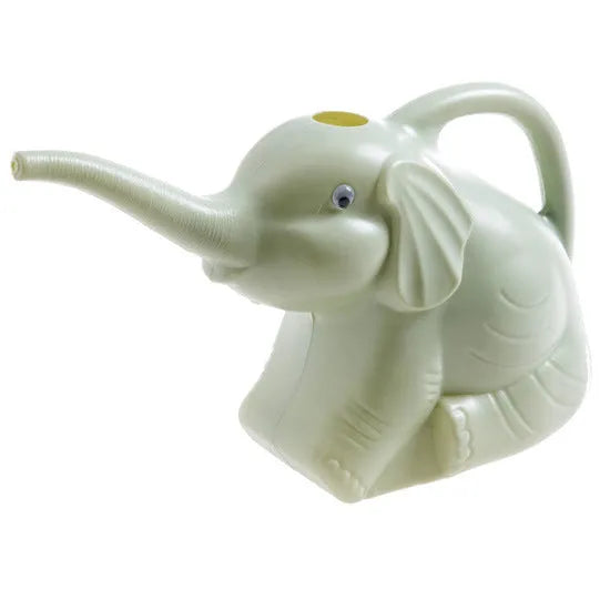 Pink children's elephant-shaped watering can with a long nozzle and baby bottle handle.