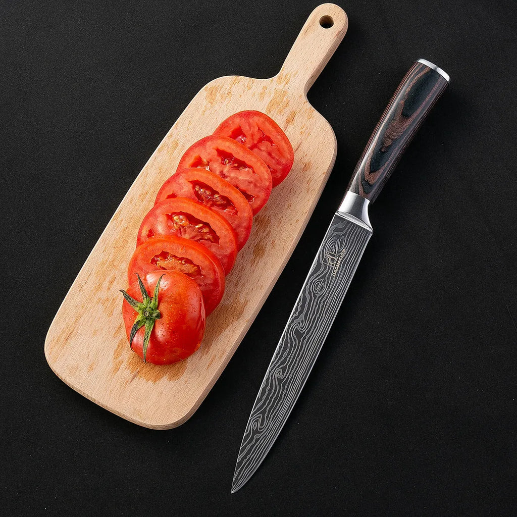 30cm chef knife with Damascus pattern blade and colour steel handle