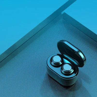 Black in-ear stereo Bluetooth headset with earpieces for both ears.