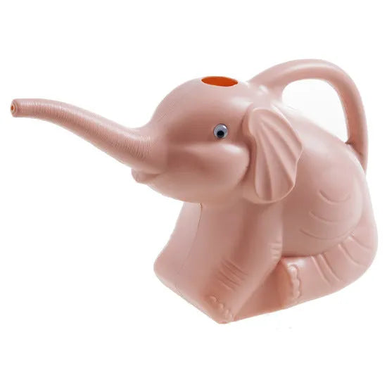 Pink children's elephant-shaped watering can with a long nozzle and baby bottle handle.