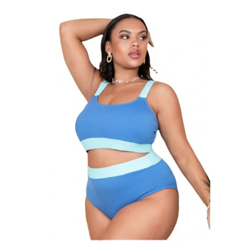 Solid colour high waist women's bikini swimsuit in polyester fabric on a model.