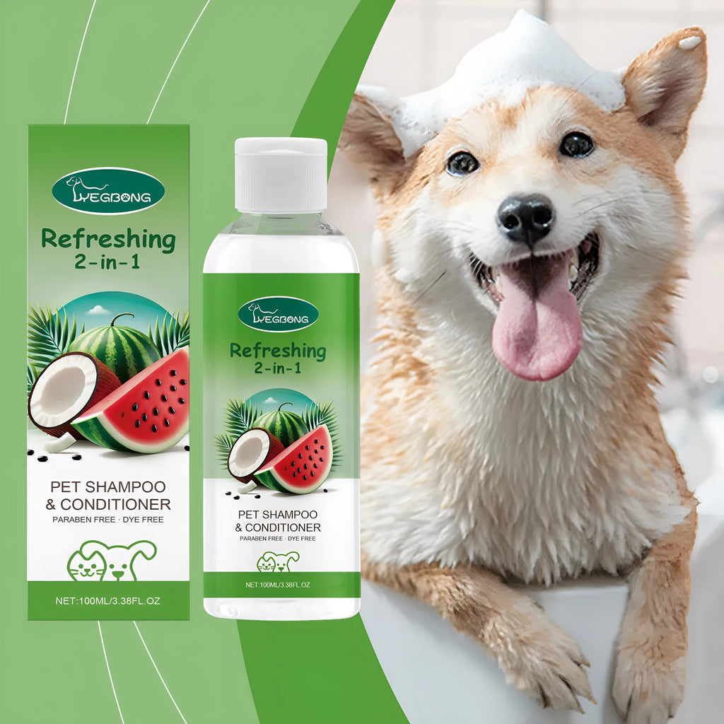 100ml bottle of pet 2-in-1 shampoo fragrance shower gel with watermelon and coconut extract.
