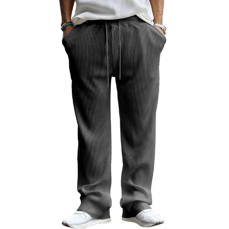 Men's loose straight-leg casual trousers in high-waist design with micro-elastic polyester fabric