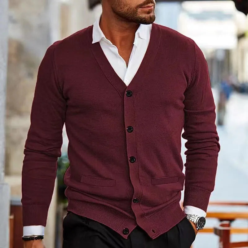 Men's slim fit acrylic cardigan sweater coat in various colours on a size chart background.