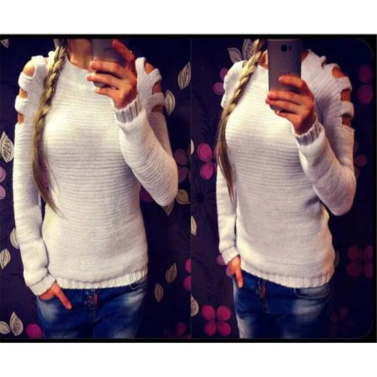 Women's white knitted shirt with crocheted hollow-out pattern and round neck