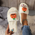 Yellow and white Halloween pumpkin cartoon design plush open-toe slippers with synthetic fur