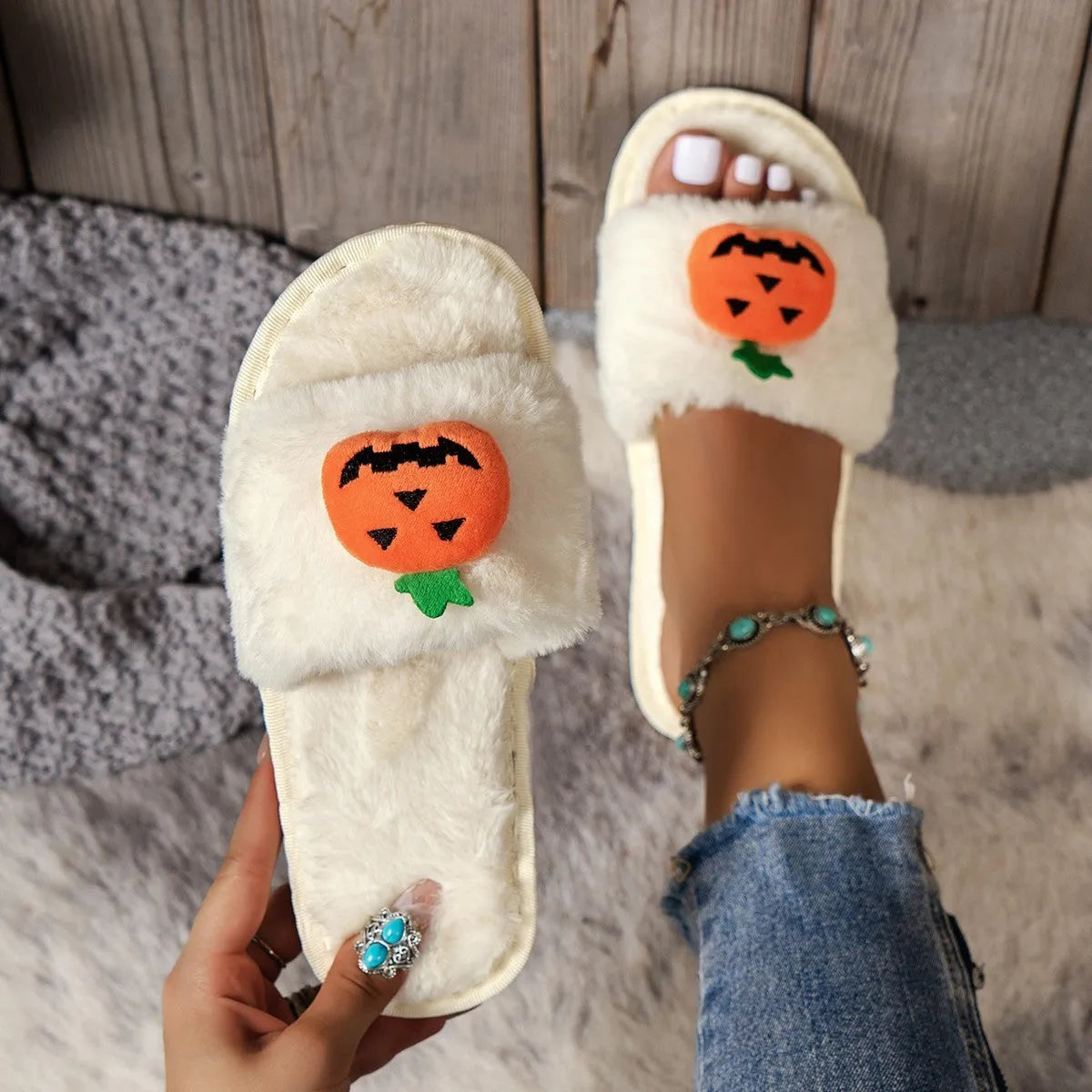 Yellow and white Halloween pumpkin cartoon design plush open-toe slippers with synthetic fur