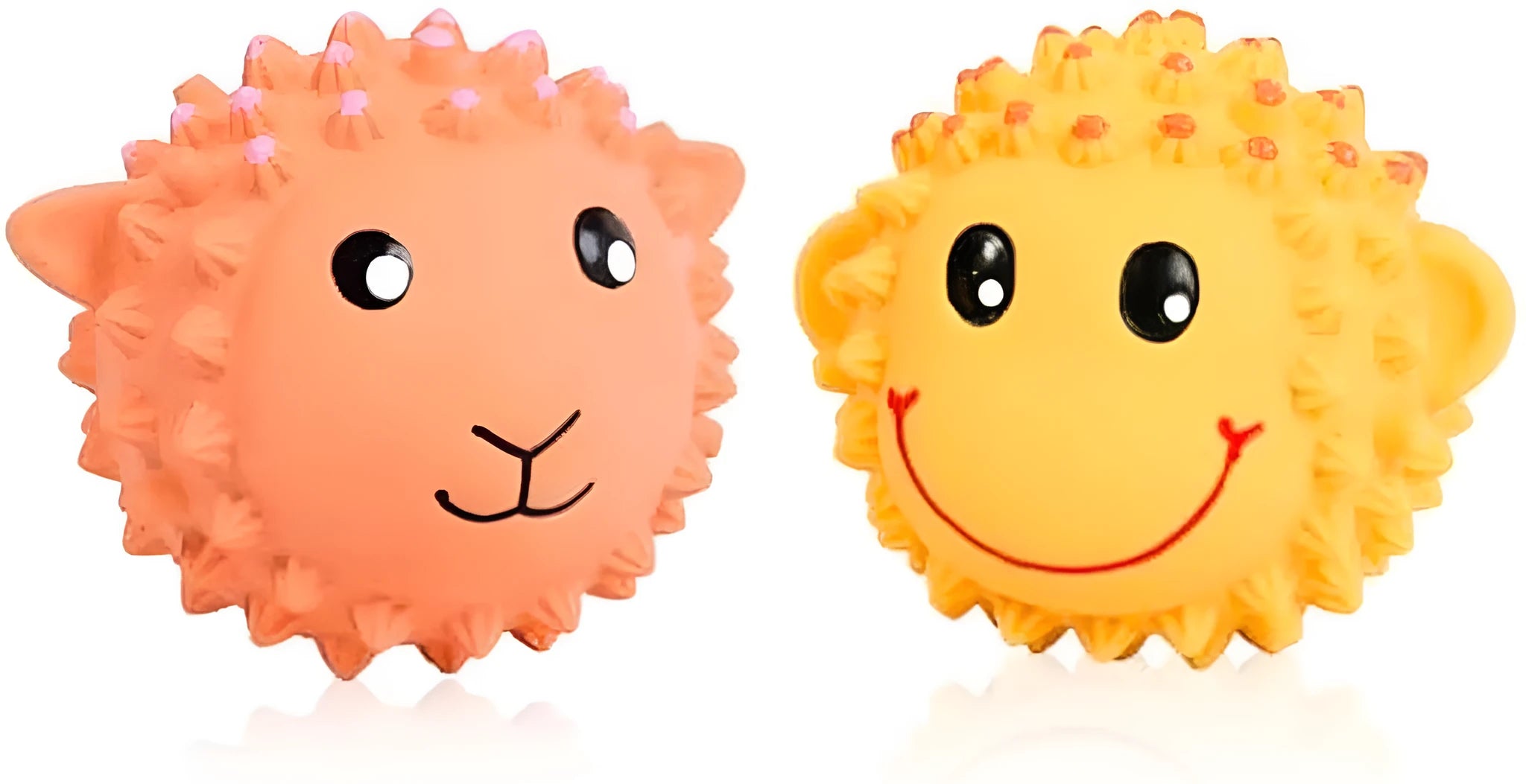 Orange and yellow latex squeaky dog toy with spiky texture for teeth cleaning, shown next to a measuring tape indicating 3-inch diameter.