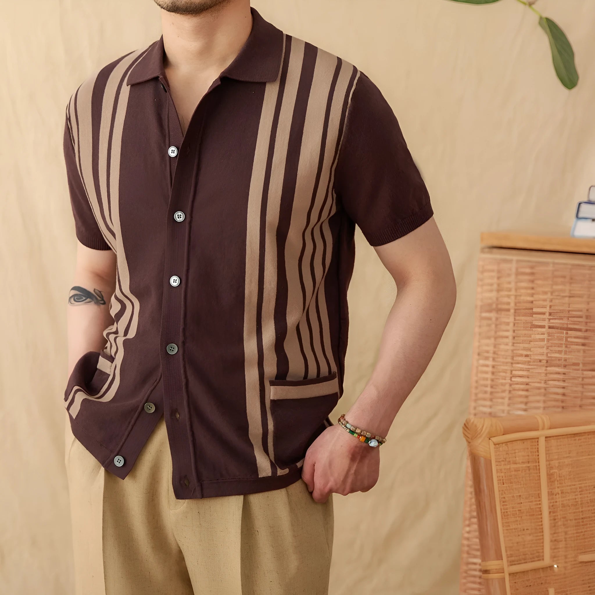 Striped knitted polo cardigan with lapel collar and short sleeves in cotton blend fabric