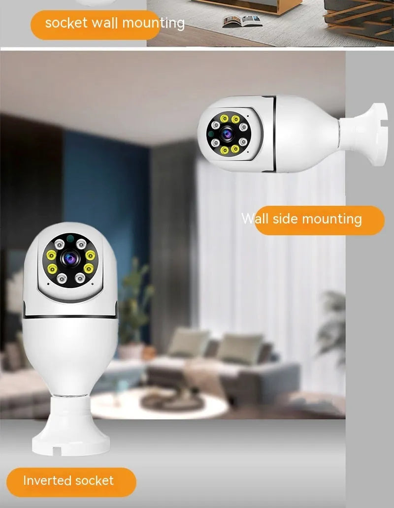 Wireless bulb security camera with 5cm diameter lamp head showing e27 fitting for standard light sockets