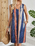 V-neck sleeveless dress with colour block design in a Japanese Korean casual style.