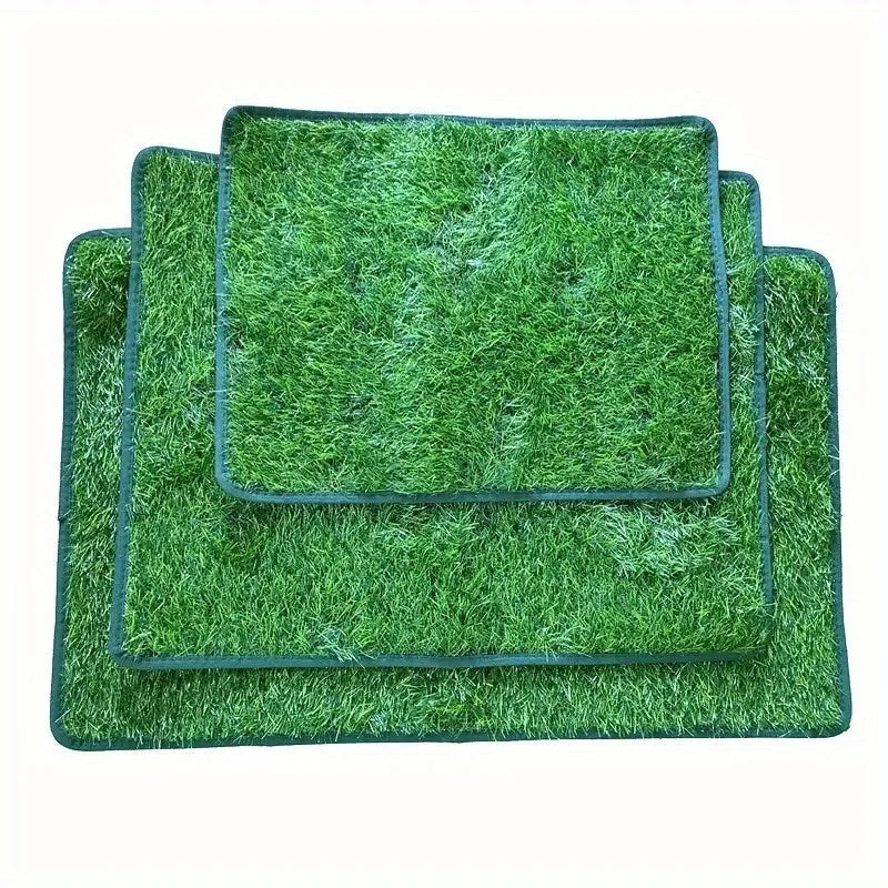 Artificial grass dog toilet training mat on floor with three size options shown