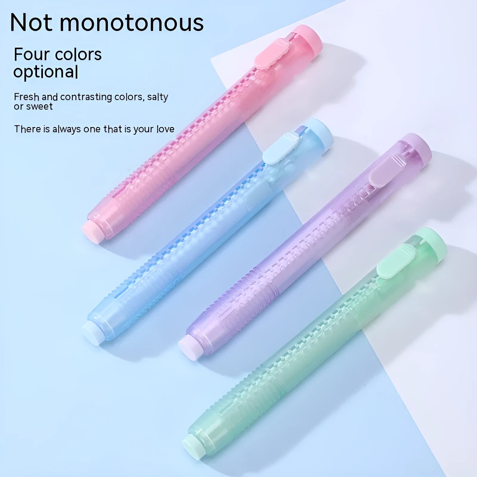 Push type traceless children's automatic eraser in blue, green, pink or purple colours