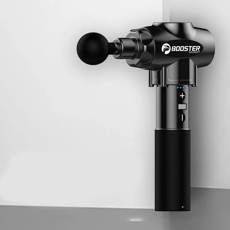 Black and white muscle massage gun with 24V battery and adjustable speed control