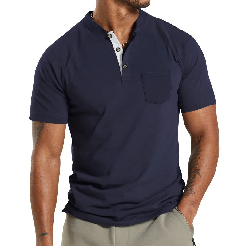 A man wearing a solid-colour plus size short sleeve button-up shirt with a chest pocket.