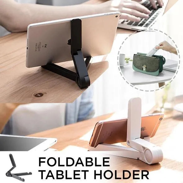 Black foldable tablet holder showing unfolded stand position with device placement area