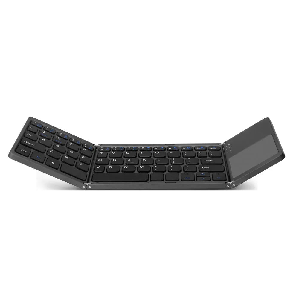 Black tri-fold folding Bluetooth keyboard with touchpad shown unfolded and folded