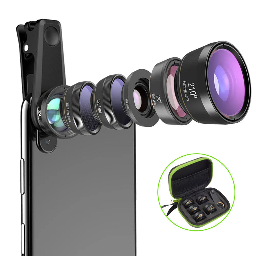 Black aluminium 6-in-1 mobile phone lens kit with universal clip attachment