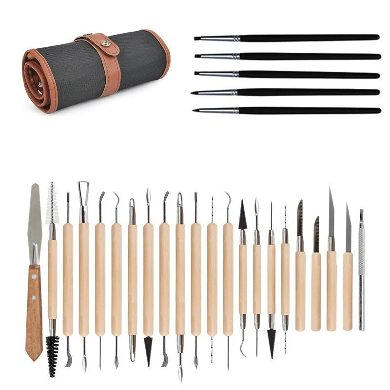 27-piece brown pottery clay tool set with wood, steel, and plastic tools in an OPP storage bag