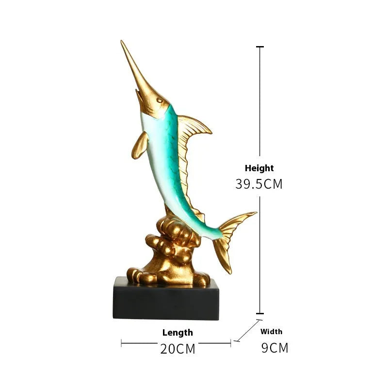 European style decorative resin swordfish ornament in Ocean Green, Lake Blue, Coral Red or Bright Gold.