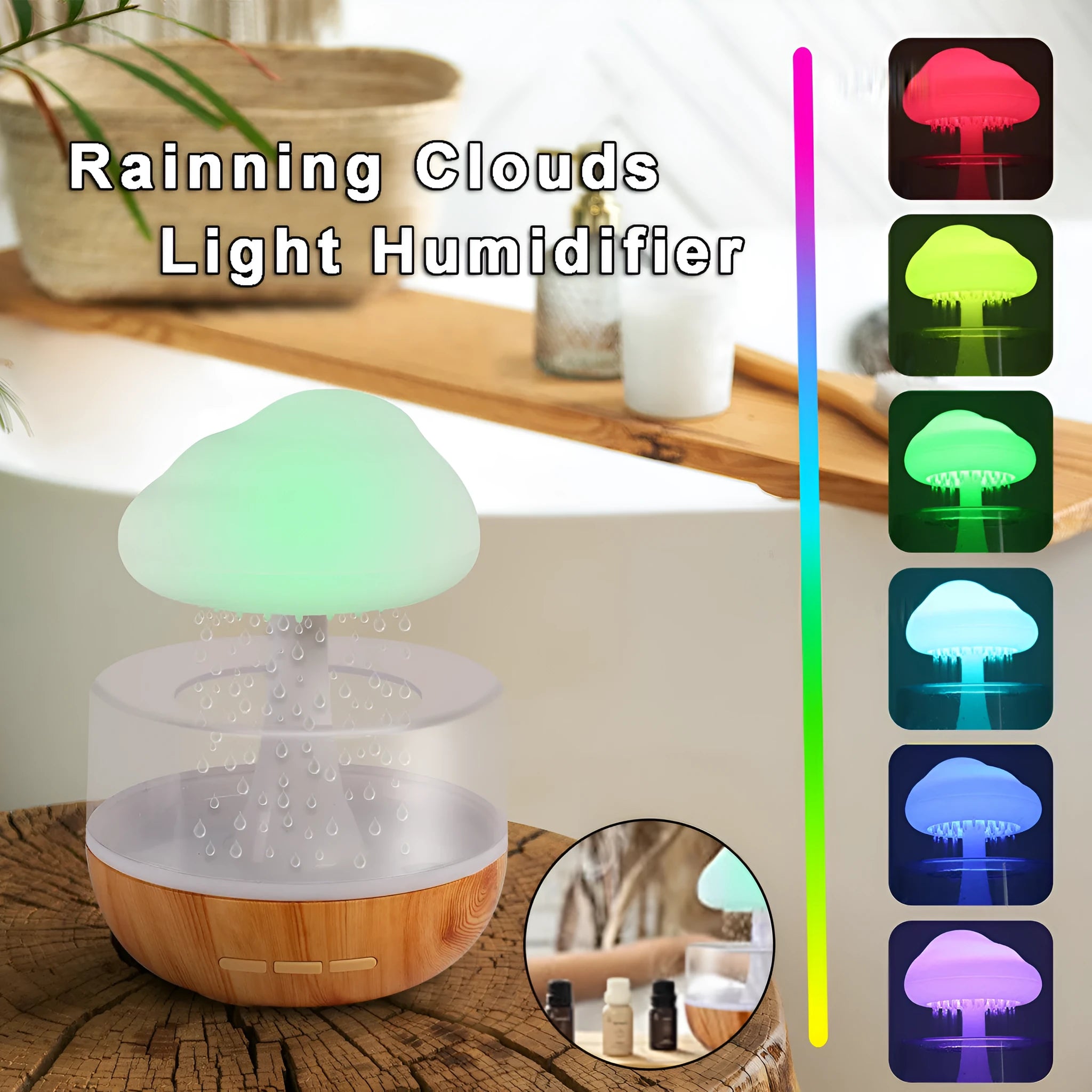 White raining cloud humidifier with night light and essential oil diffuser on table