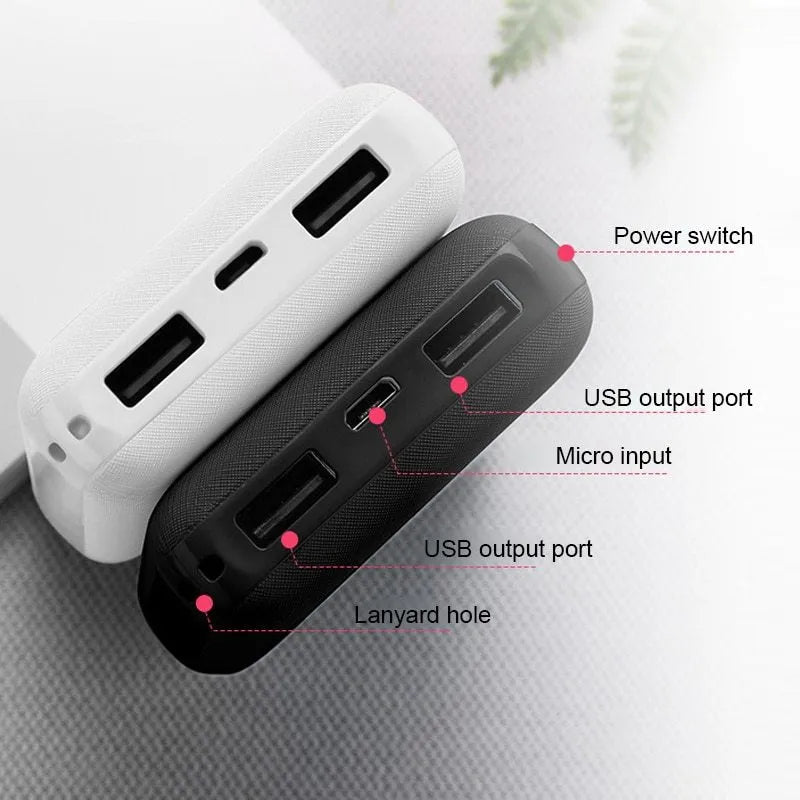 Black or white ultra-thin 10000mAh power bank with multiple USB ports, dimensions 90x63x22mm.