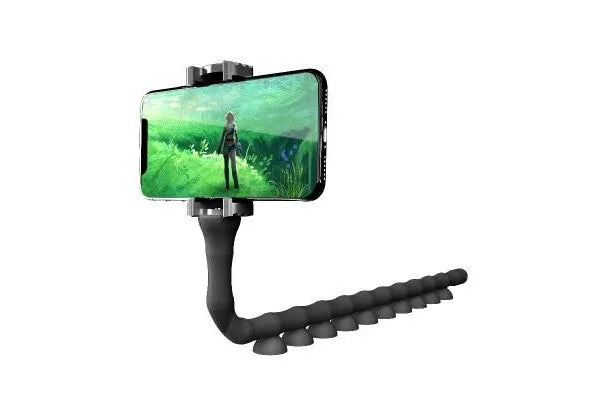 Flexible rubber phone holder with suction cup showing 62cm length and 360° rotation