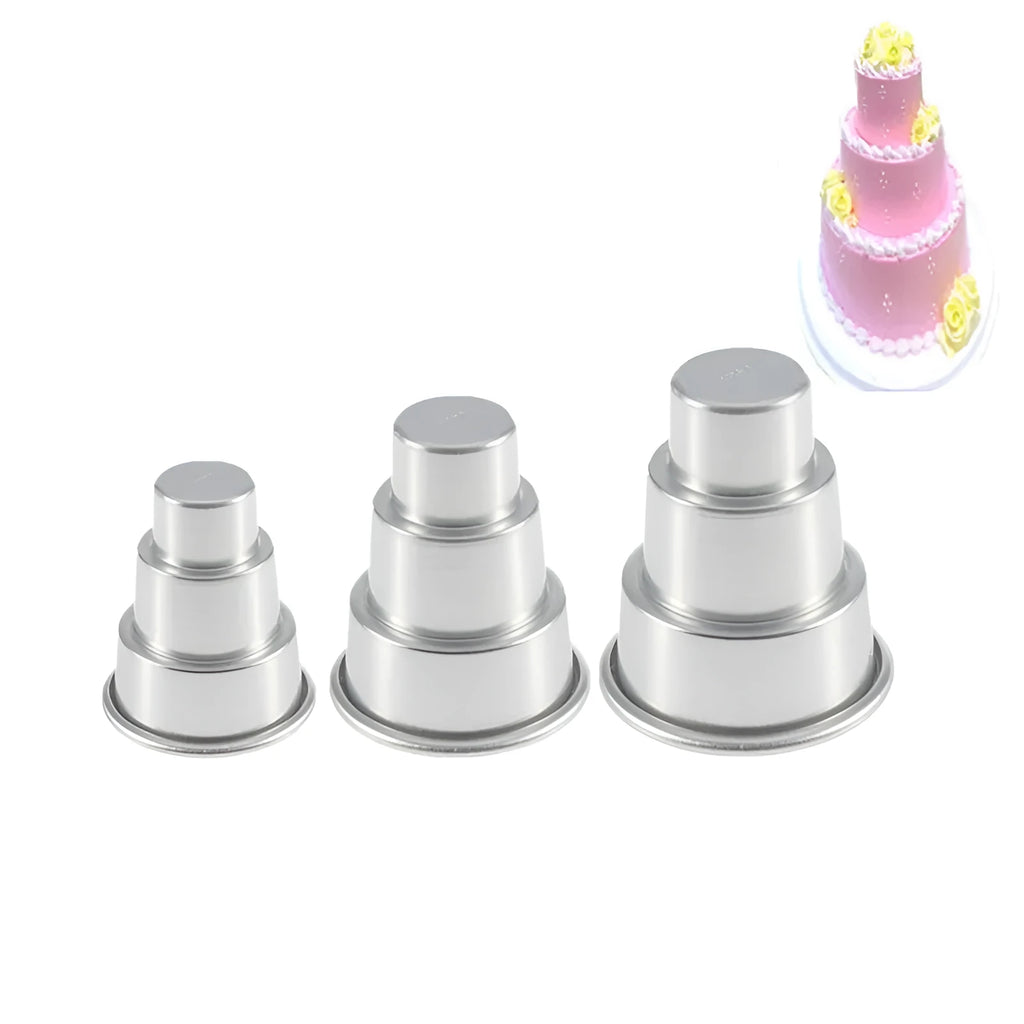 Three silver aluminium alloy cake moulds in large, medium, and small sizes with softcover