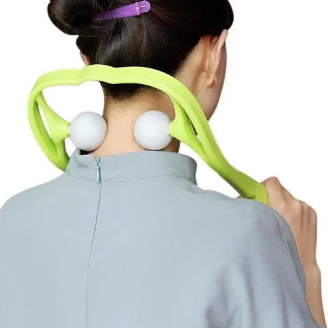Plastic hand roller neck massager with adjustable stand and removable head in pink, blue, or green colours.