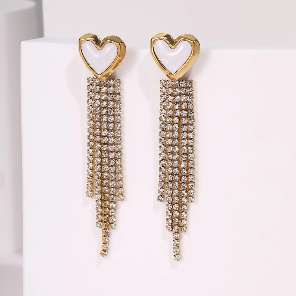Women's stainless steel earrings with diamond tassel and love heart charm in gold tone