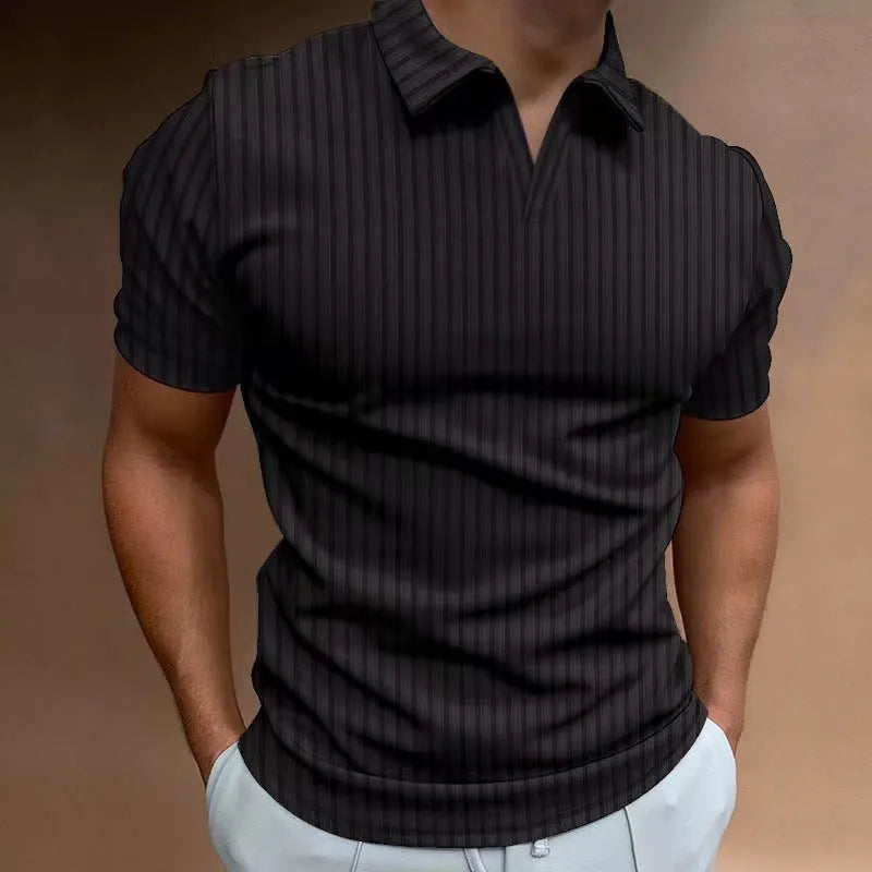 Men's striped V-neck summer sports polo shirt in cotton blend fabric showing elasticity
