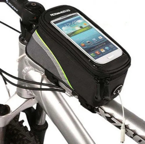 Bicycle frame bag with universal smartphone holder in multiple colours mounted on bicycle handlebars