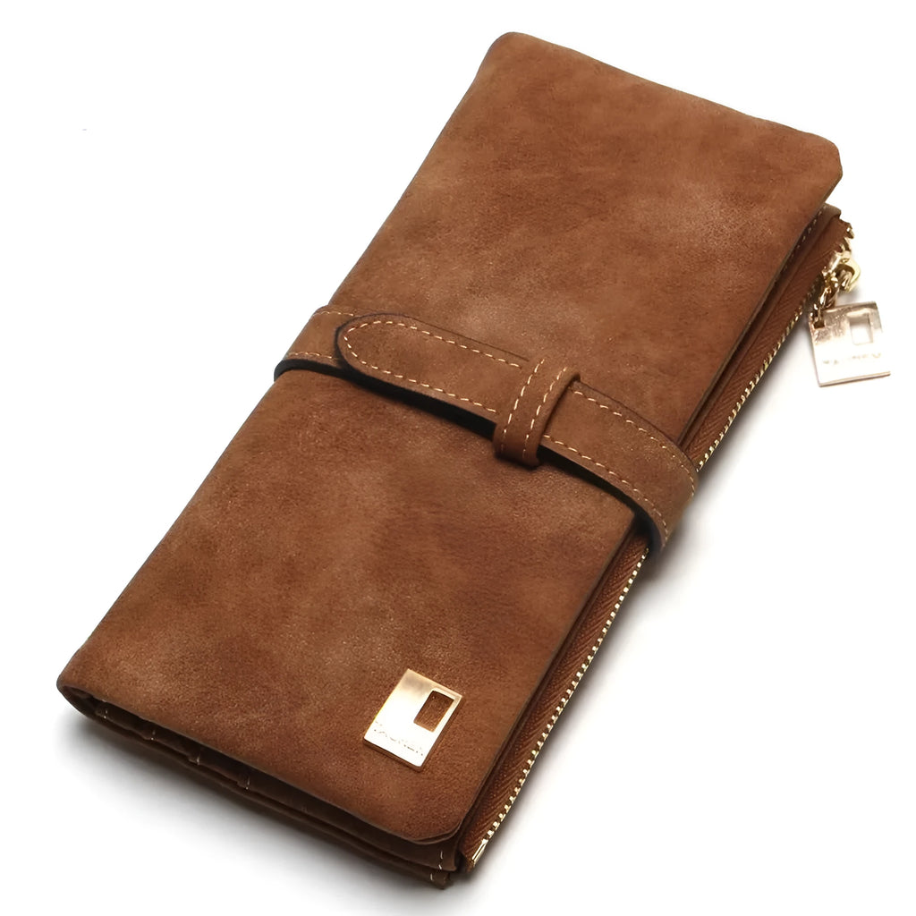 Vertical long wallet in retro matte PU leather with zip closure, shown open to reveal card slots and phone pocket.