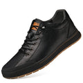 Men's white and black matte leather casual shoes with flat heel and round toe, shown in various colour and lining options.