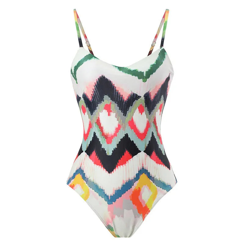 Women's two-piece swimsuit with hip skirt in printed polyester fabric