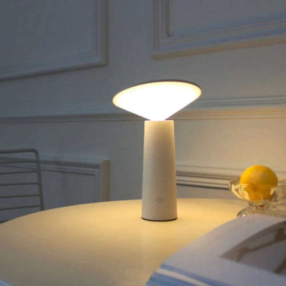 Black and white USB rechargeable LED desk lamp with adjustable head and touch controls.