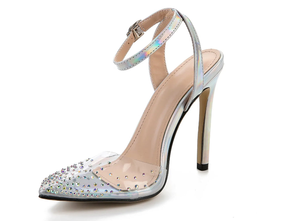 Women's pointed toe diamond sandals with a clear stiletto heel on a white background.