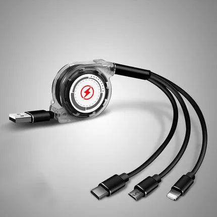 3 in 1 telescopic charging cable extended to 120 cm length with multiple connector options