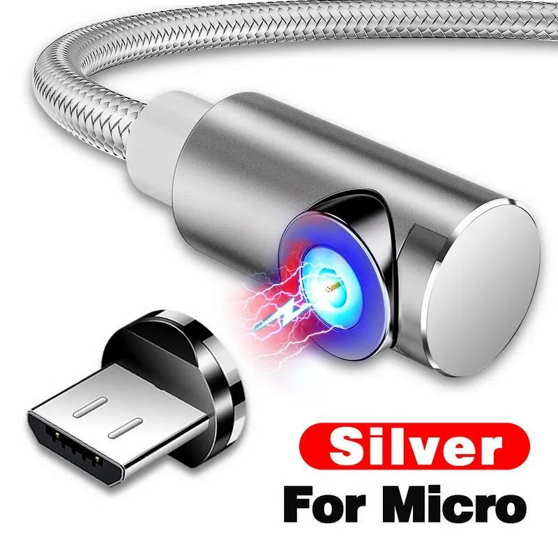 Black magnetic charging cable with aluminium alloy connectors and Micro USB, Type C, and Apple compatible magnetic tips.