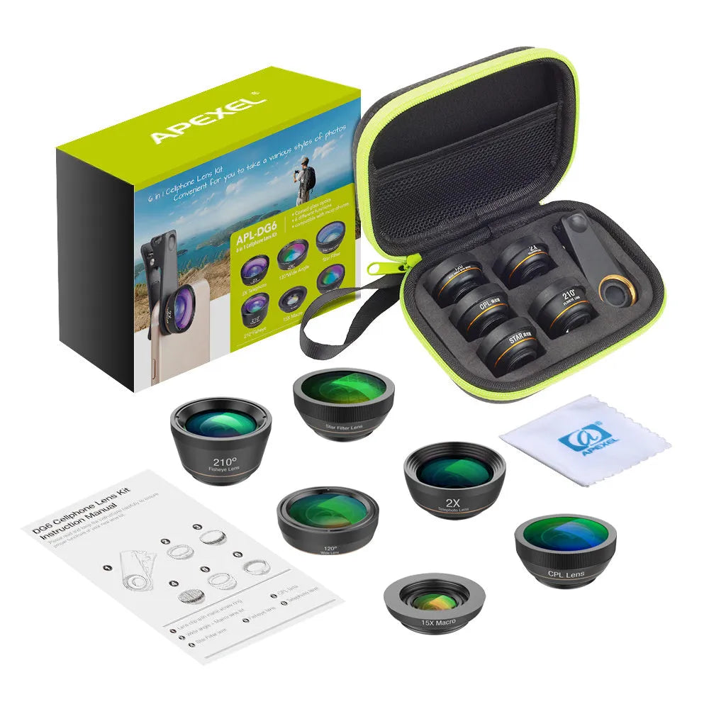 Black aluminium 6-in-1 mobile phone lens kit with universal clip attachment