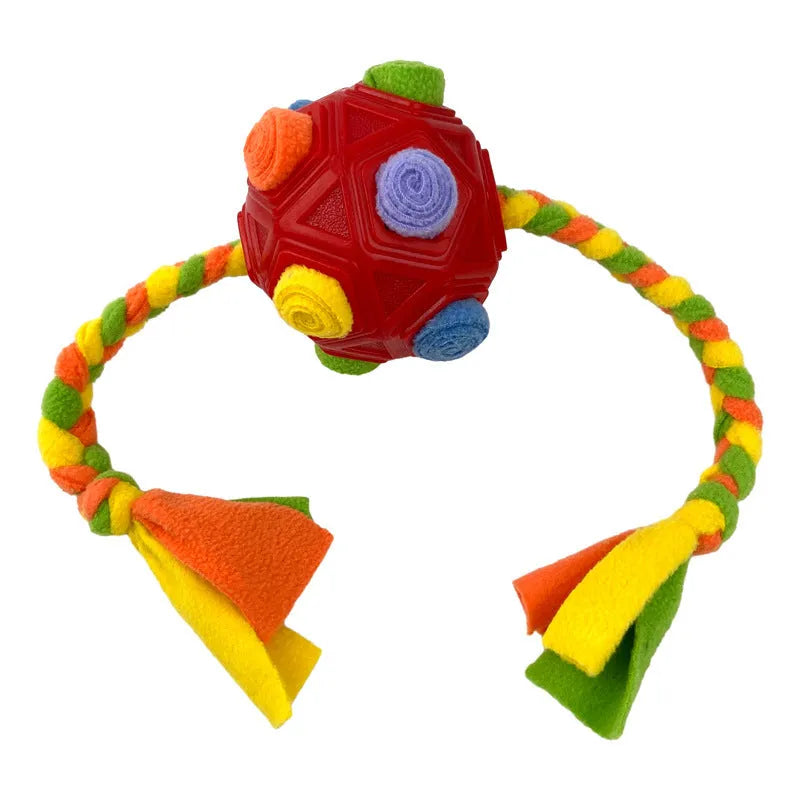 Bite-resistant pet sniffing ball dog puzzle toy for IQ training, shown in assorted colours including blue and redgreen.