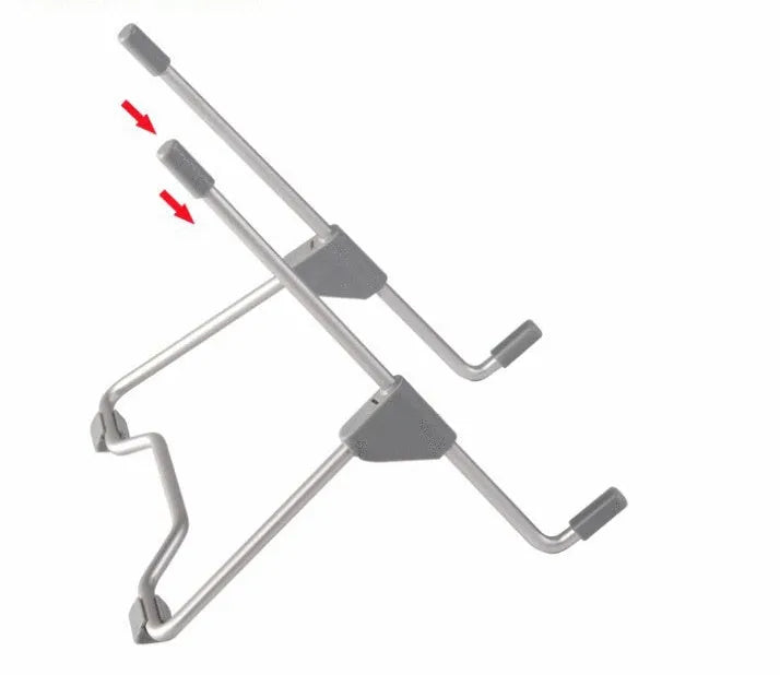 Grey aluminium alloy mobile phone and laptop stand with adjustable height and angle mechanism.